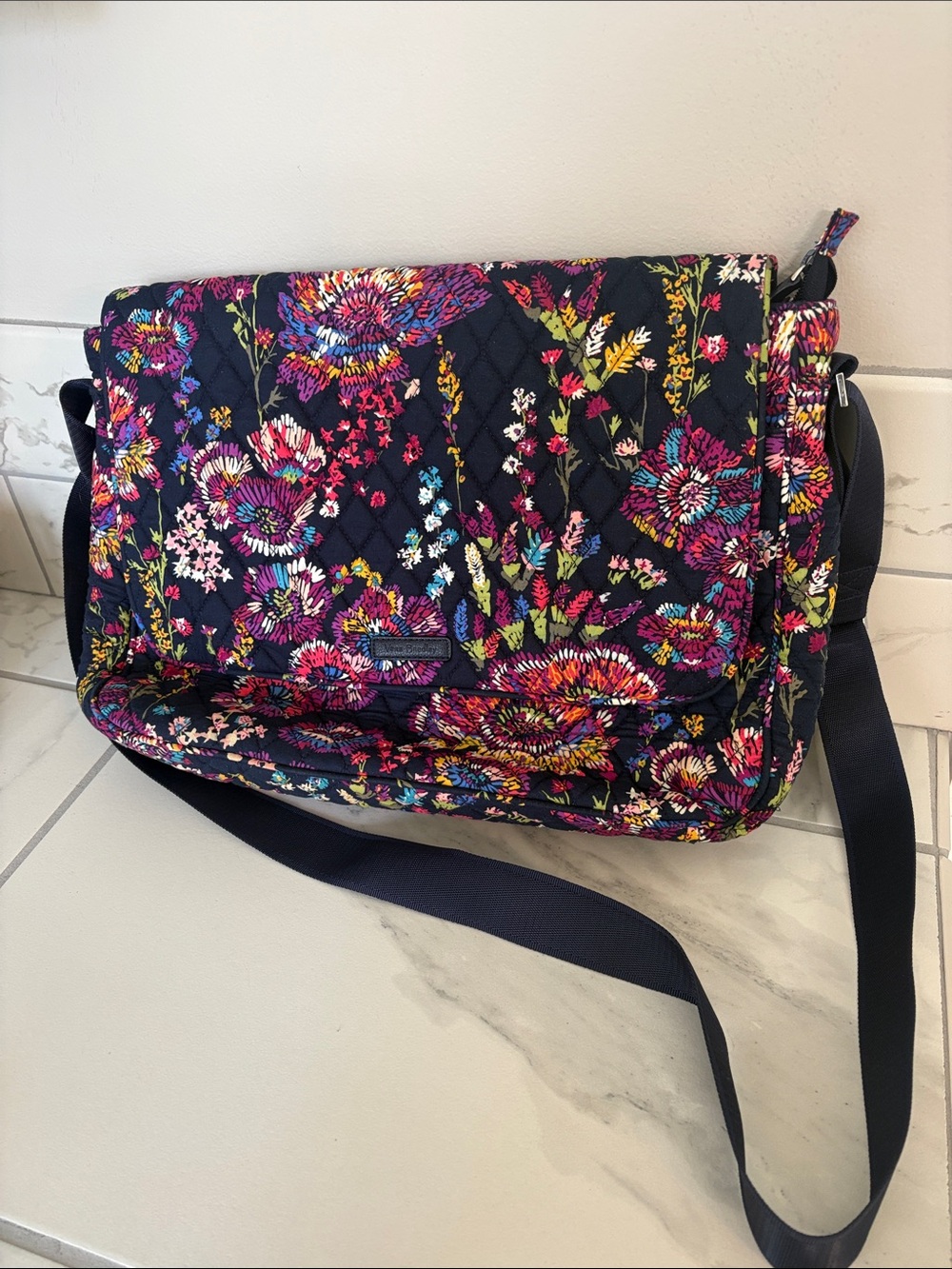 Vera Bradley Lighten Up Essential Messenger Bag in "Midnight Wildflowers”